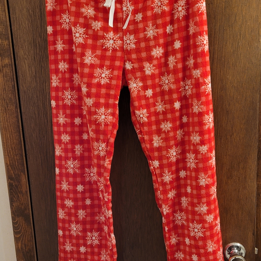 Ladies Large SNOWFLAKE GINGHAM Plush Fleece Pajama Pants Brand New Red White